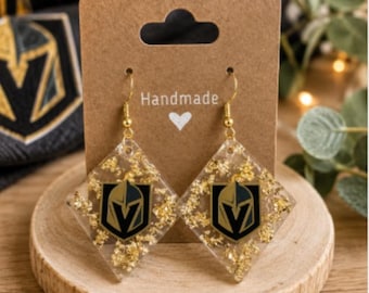 Vegas Golden Knights Resin Earrings – Handmade Fan Jewelry with Gold Foil Sparkle!