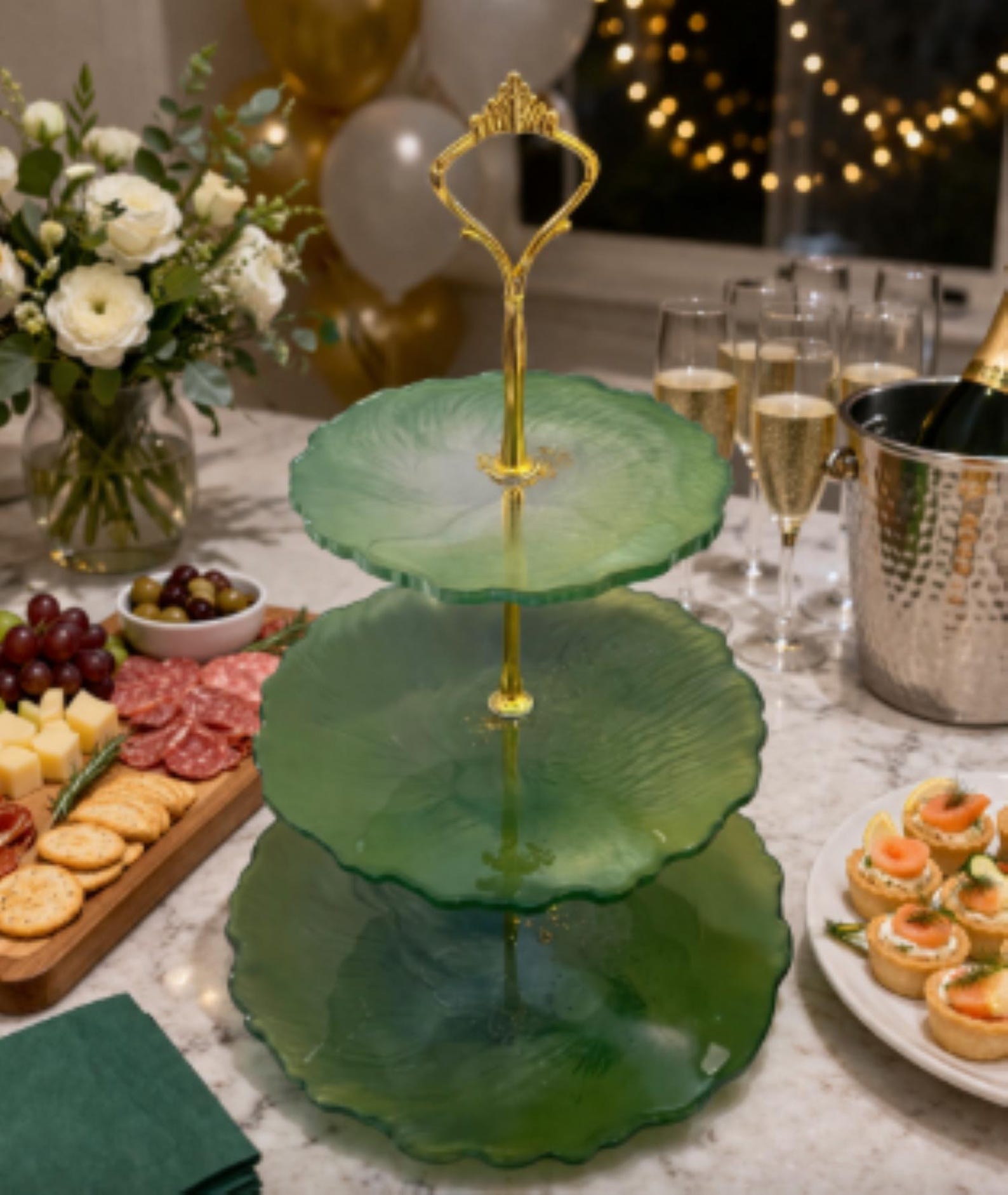 Resin Serving Tray 3 Tier Stand  Green Gold Dessert Display  Tea Party