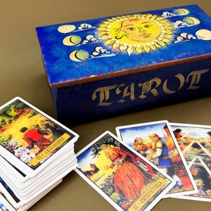 Tarotkaartopslag Houten tarotkaartdoos Maan en zon Tarotkaarthouderdoos Mystic Card-standaard Mystic cadeau-idee Tarotkaart houten organisator