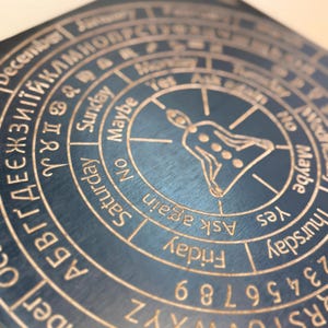Puede incluir: Un tablero de adivinación circular azul oscuro con detalles grabados en color dorado. El tablero presenta símbolos del zodíaco, días de la semana, números y frases como "Sí", "No" y "Pregunta de nuevo". También hay una figura central grabada.