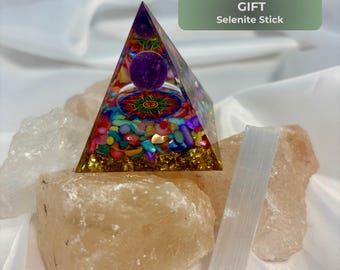 7 Chakra Pyramid with Amethyst + Selenite Stick Gift: Spiritual Decor