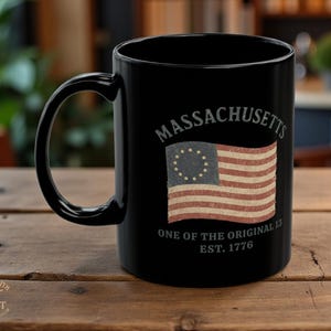 Patriotic Black Mug American Flag Coffee Cup Massachusetts 13 Colonies Gift for Veterans USA Pride Drinkware for History Lovers