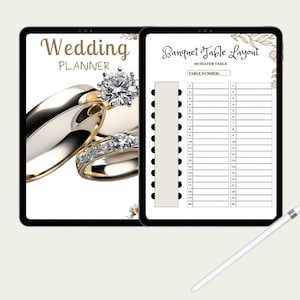 Peut inclure: Un planificateur numérique pour la planification de mariage avec une bague en or et un diamant sur le côté gauche et une disposition de table pour un banquet de 40 places sur le côté droit. Le planificateur porte le texte "Wedding Planner" en haut.