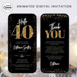 Invito per festa di compleanno Hello 40, glitter oro nero, invito animato digitale, cena glamour, cocktail, inviti eleganti, inviti stampabili