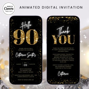 Invitación para fiesta de cumpleaños número 90 con brillos dorados y negros, invitación animada digital, invitaciones elegantes para cenas y cócteles, invitaciones imprimibles