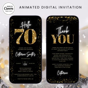 Invitación para fiesta de cumpleaños número 70 con brillos dorados y negros, invitación animada digital, invitaciones elegantes para cenas y cócteles, invitaciones imprimibles