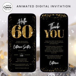 Invito per festa di compleanno Hello 60, glitter oro nero, invito animato digitale, cena glamour, cocktail, inviti eleganti, inviti stampabili