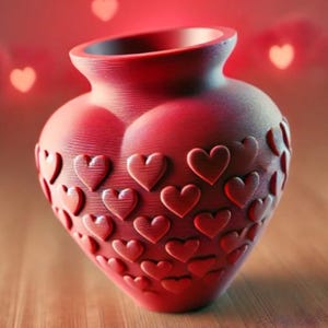 May include: A red heart-shaped ceramic vase with a textured surface and a raised heart pattern. The vase is sitting on a wooden surface.