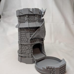 3D Printed Dice Roller Castle Tower with Dragon, Fantasy Gaming Accessory Ideal for Gift Giving to Dice Enthusiasts
