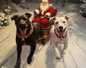 May include: Santa Claus in a red suit and white beard rides in a sleigh pulled by two dogs, one black and one white, through a snowy winter scene.