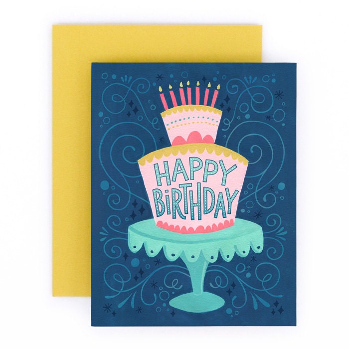 Happy Birthday Cake Stand Greeting Card Birthday Card Hand Etsy