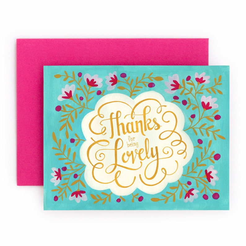 Thanks for Being Lovely Hand Lettered Turquoise Thank You Greeting Card A2 BC018 Made in USA Box Set of 8 Floral Pattern