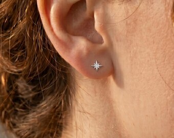 Fine Silver CZ Star Stud Earrings, Rhodium or 18K Gold Plated, Dainty North Star Earrings, Minimalist Gift for Her