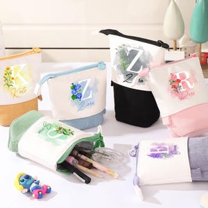Birth Flower Personalized Pencil Case, Pencil Box, Custom Name and Initial Floral Makeup Bag, Gift for Girls and Students, Back to school