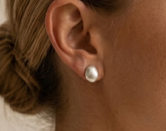 Brushed Fine Silver Dome Studs, Matte Curved Geometric Earrings, Hypoallergenic Minimalist Abstract Silver Jewelry, Sensitive Ears Safe