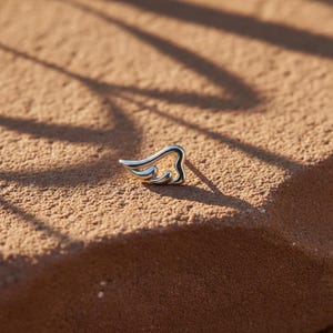 May include: A small, silver-colored wing-shaped jewelry piece. The wing is resting on a textured, reddish-brown surface. The jewelry has a polished, reflective surface, and the design is detailed with curved lines.