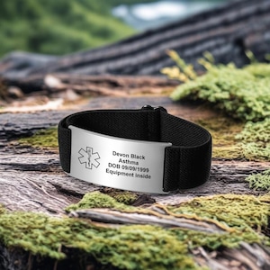 Custom Medical Alert ID Bracelet with Bungee Band – Engraved Emergency Medical Jewelry for Men & Women, Adjustable Health Epilepsy Bracelet