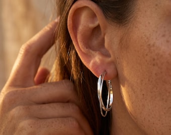 Double Hoop Silver Earrings, Interlocking Silver Hoops, Criss Cross Hoop Earrings, Large Statement Hoops, Layered Look Jewelry, Gift for Her