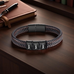 Custom Leather Bracelet for Men, Handmade Engraved Name Bracelet with Stainless Steel Bead, Personalized Gift for New Dad, Father or Husband
