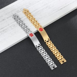 Men&#39;s Medical Alert ID Bracelet – Custom Engraved Stainless Steel Emergency Jewelry, Gold Medical Bracelet for Diabetes, Allergy, Epilepsy