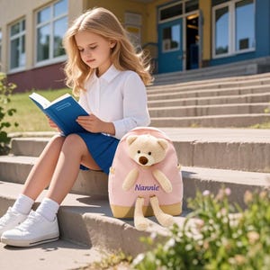 Sac à dos personnalisé pour tout-petit avec nom, sac à dos personnalisé pour enfants avec ours en peluche, cartable pour filles, cadeau de rentrée scolaire, cadeau de baby shower, rose