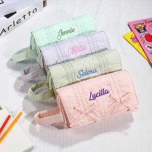 Embroidered Name Pencil Case – Custom Sailcloth Makeup Bag with Bow Detail, Personalized Gift for Girls, Back to School Pouch, Pencil Box