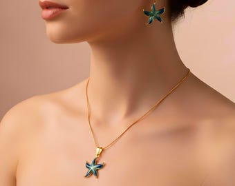Enamel Starfish Necklace and Earring Set, Gold Plated Beach Jewelry Gift