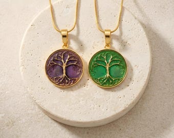 Colar Árvore da Vida em Ouro – Pingente em Esmalte Verde e Roxo – Presente de Aniversário para Ela – Presente de Dia dos Namorados