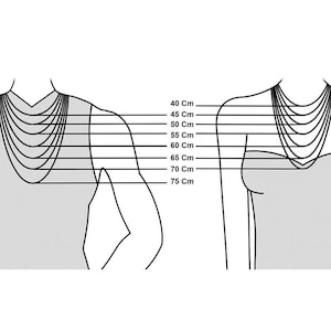 Necklace length guide shown on a female mannequin model. It illustrates how different chain lengths from 14 to 30 inches sit on the chest. High-quality gold and silver-tone stainless steel chains. Helpful size chart to choose the perfect fit for a unique gift for her, versatile for layering jewelry.