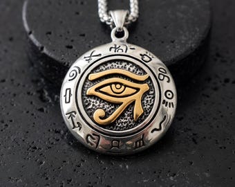 Eye of Horus Ra Necklace, Stainless Steel Amulet Pendant, Ancient Egyptian Protection Jewelry