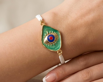 Pulseira Olho Grego Banhada a Ouro 24K • Joia de Proteção Esmaltada • Colar de Proteção • Amuleto Turco Olho Grego • Presente Espiritual para Ela