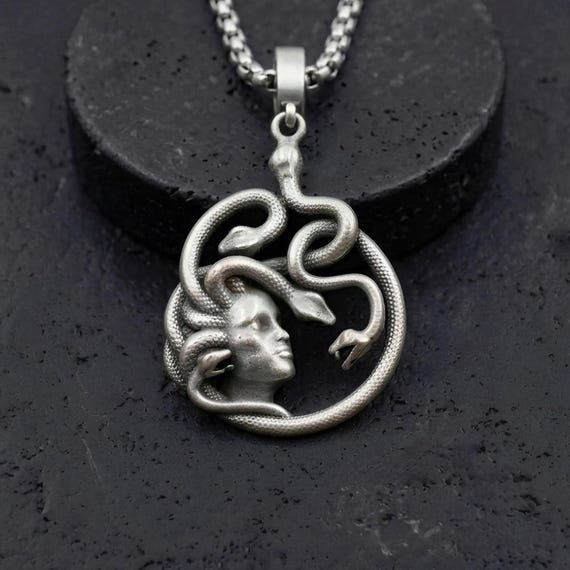 Gothic Medusa Necklace, Greek Mythology Pendant, Gold Silver Plated Brass