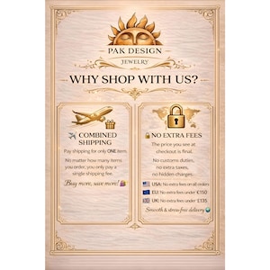 Infographic titled Why Shop With Us by Pak Design Jewelry. It explains Combined Shipping where you pay for only one item, and No Extra Fees policy. It highlights no customs duties or hidden taxes for USA, EU, and UK orders, ensuring smooth and stress-free international delivery for your gift purchases.