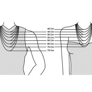 Necklace length guide shown on a female mannequin model. It illustrates how different chain lengths from 14 to 30 inches sit on the chest. High-quality gold and silver-tone stainless steel chains. Helpful size chart to choose the perfect fit for a unique gift for her, versatile for layering jewelry.