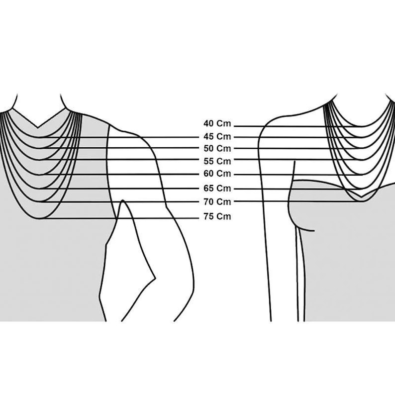 Necklace length guide shown on a female mannequin model. It illustrates how different chain lengths from 14 to 30 inches sit on the chest. High-quality gold and silver-tone stainless steel chains. Helpful size chart to choose the perfect fit for a unique gift for her, versatile for layering jewelry.