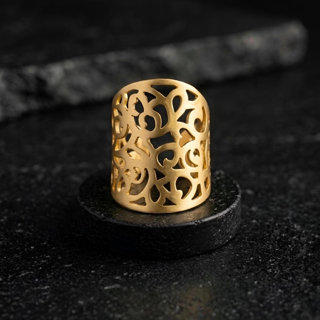 Boho Modern Filigree Ring, Adjustable Matte Gold Plated Statement ...