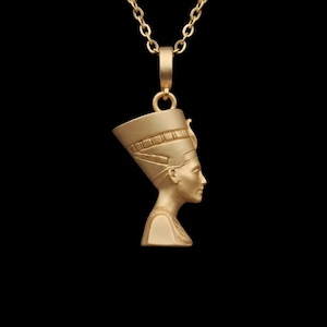 Handmade Nefertiti necklace available in both matte and shiny 24K gold plated finishes. Whether you select the polished or matte gold necklace for women it serves as a stunning anniversary gift for her. These ancient Egyptian necklaces are high quality gifts for mom handcrafted for those who love unique spiritual jewelry.