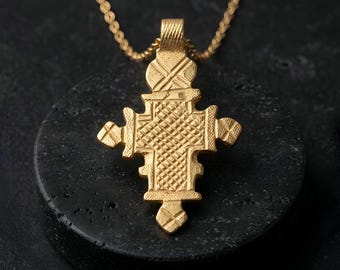 Colar com Cruz Etíope - Pingente de Cruz em Estilo Antigo - Joia com Cruz Copta - Colar com Cruz Tribal - Cruz Ortodoxa Etíope