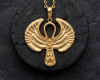 Winged Ankh Necklace, Gold Plated Key to Life Pendant, Ancient Egyptian Symbol Jewelry Gift, Egyptian Cross Necklace, Gift For Her
