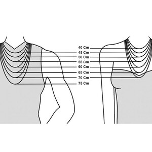 Necklace length guide shown on a female mannequin model. It illustrates how different chain lengths from 14 to 30 inches sit on the chest. High-quality gold and silver-tone stainless steel chains. Helpful size chart to choose the perfect fit for a unique gift for her, versatile for layering jewelry.