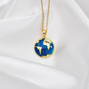World Pendant Necklace: 18K Gold Plated  Enamel Globe Pendant - Stainless Steel Travel Jewelry