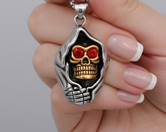 Stainless Steel Skull Pendant Necklace, Gothic Bohemian Jewelry, Skeleton Charm