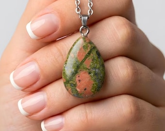 Unakite Gemstone Pendant Necklace, Boho Spiritual Healing Jewelry, Everyday Necklace Anniversary Gift, Gift for Her, Christmas Jewelry Gift
