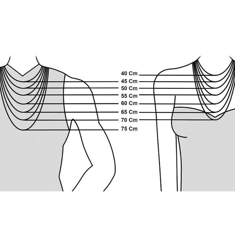 MNecklace length guide shown on a female mannequin model. It illustrates how different chain lengths from 14 to 30 inches sit on the chest. High-quality gold and silver-tone stainless steel chains. Helpful size chart to choose the perfect fit for a unique gift for her, versatile for layering jewelry.