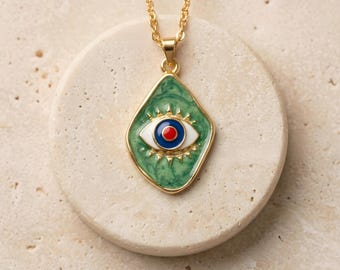 Colar Boho Olho Grego - Amuleto em Esmalte Colorido Banhado a Ouro 24K - Joia para Boas Energias - Presente de Aniversário para Ela - Presente de Dia dos Namorados
