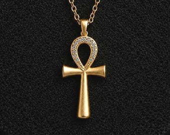Gold Cross Ankh Necklace, 18K Plated Ankh, Spiritual Pendant, Ancient Egyptian Jewelry Gift