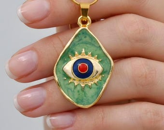 Gold Plated Enamel Evil Eye Pendant Necklace, Good Energy Talisman Jewelry, Protective Necklace Gift