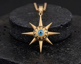 Colar Olho Grego com Raio de Sol - Colar Olho Grego com Estrela e Sol Banhado a Ouro 24K - Joia com Raio de Sol - Presente de Aniversário para Ela - Presentes de Dia dos Namorados