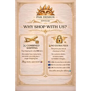 Infographic titled Why Shop With Us by Pak Design Jewelry. It explains Combined Shipping where you pay for only one item, and No Extra Fees policy. It highlights no customs duties or hidden taxes for USA, EU, and UK orders, ensuring smooth and stress-free international delivery for your gift purchases.