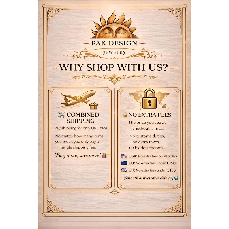 Infographic titled Why Shop With Us by Pak Design Jewelry. It explains Combined Shipping where you pay for only one item, and No Extra Fees policy. It highlights no customs duties or hidden taxes for USA, EU, and UK orders, ensuring smooth and stress-free international delivery for your gift purchases.